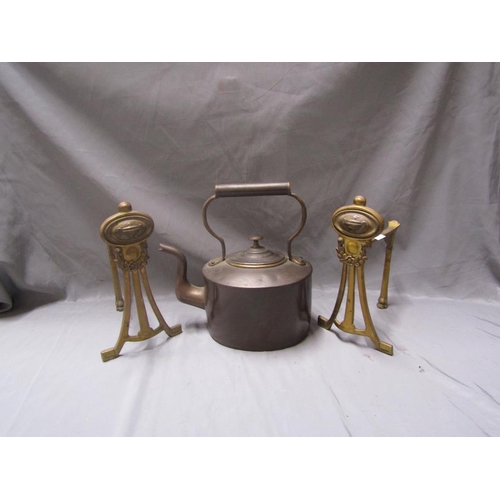 14 - ANDIRONS; ANTIQUE KETTLE