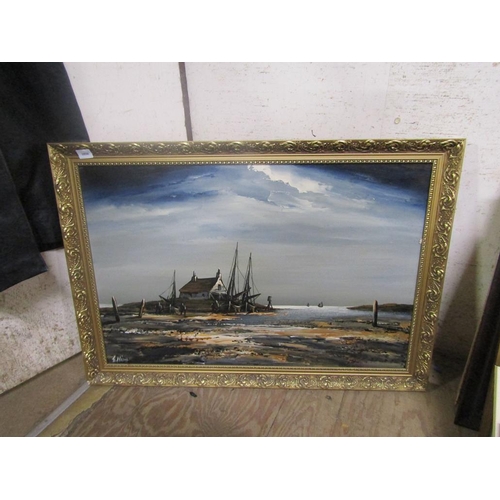 145 - FRAMED OIL ON BOARD - COASTAL BY EDWARD ELLIOTT; MAP; PRINTS