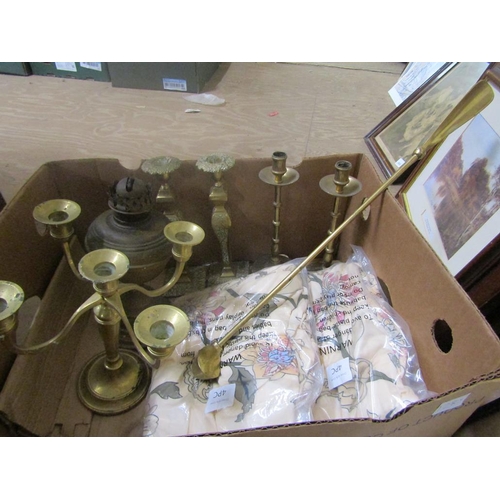 154 - BRASS CANDLESTICKS, OIL LAMP; SHOE HORN ETC