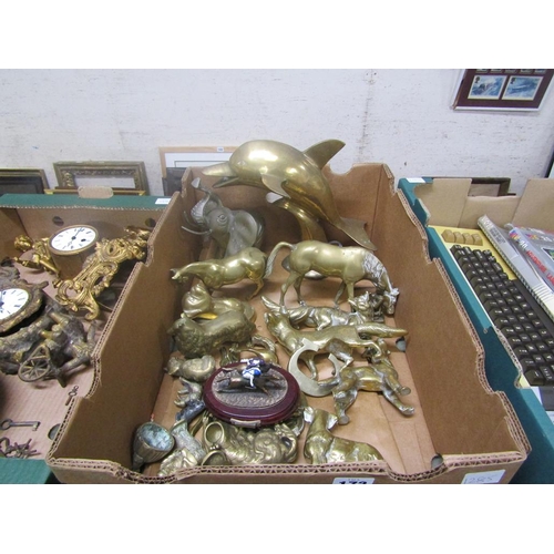 172 - BOX OF BRASS ANIMAL ORNAMENTS ETC