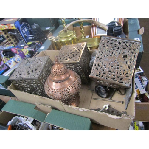 242 - BOX OF INDIAN PIERCED CAST METAL SHADES ETC