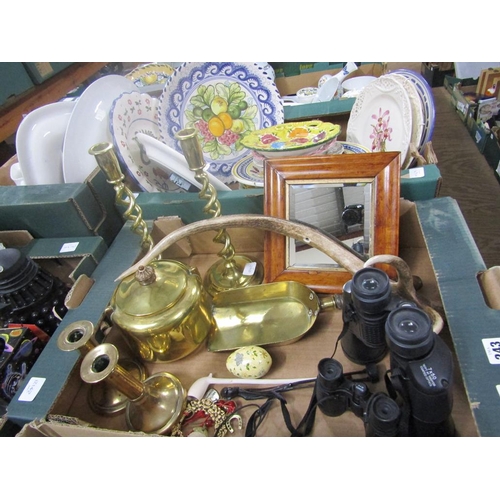 243 - BOX TO INCL MAPLE FRAME MIRROR, BINOCULARS, ANTLERS, BRASSWARE ETC