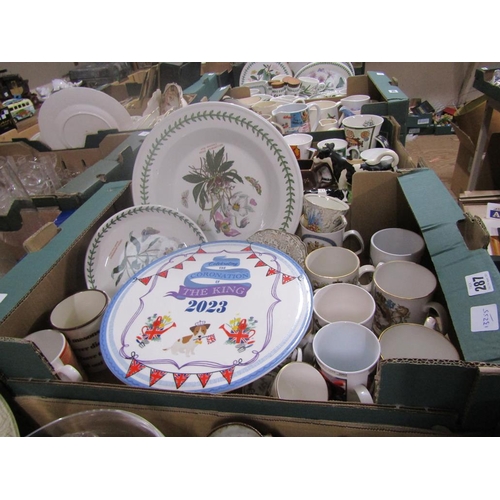 287 - BOX TO INCL COMMEMORATIVE MUGS, PORTMEIRION ETC