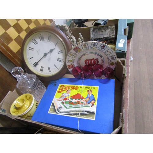 315 - BOX MISC; BAYKO BUILDING SET, CERAMICS AND GLASS, WALL CLOCK