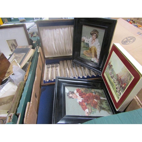 208 - BOX TO INCL SILVER PLATE, EBONY FRAMED NEEDLEWORKS, PLACE MATS