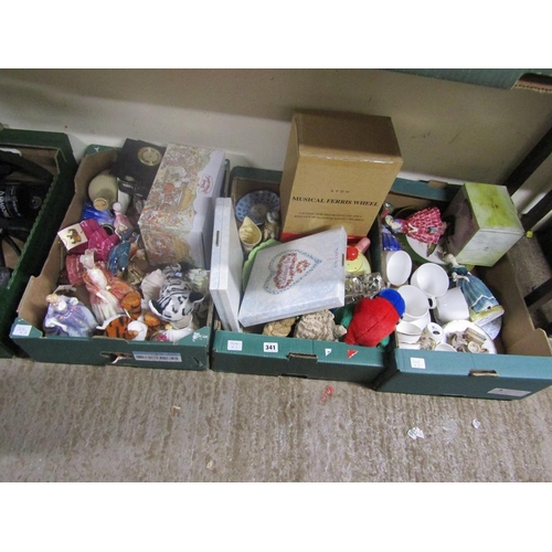 341 - THREE BOXES OF MIXED CHINA, GLASS ETC TO INCL ROYAL DOULTON FIGURINES