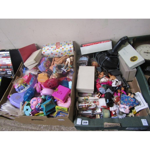 358 - TWO BOXES OF DOLLS AND TOYS ETC