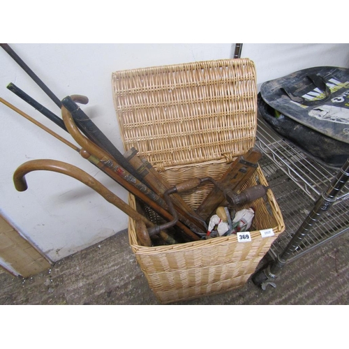 369 - WICKER BASKET TO INCL WALKING STICKS ETC