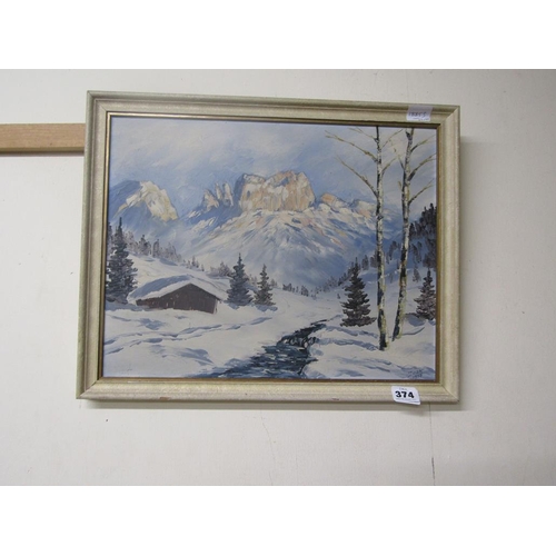 374 - FRAMED OIL ON BOARD - MOUNTAINOUS SCENE, SIGNED JOSK