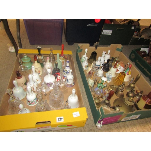 427 - TWO BOXES OF BELLS, GLASS AND CHINA