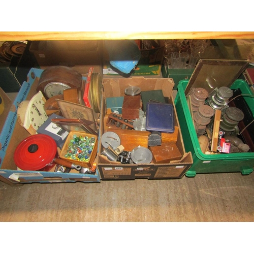 445 - THREE BOXES OF MISC TO INCL CLOCKS, MARBLES, COOKERY WARES ETC