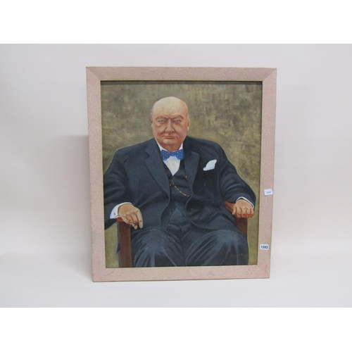 1203 - DOUGLAS RAFFEL - SIR WINSTON CHURCHILL, OIL ON BOARD, FRAMED, 70CM X 60CM