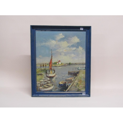 1208 - A RISE? - QUIET ESTUARY QUAYSIDE, OIL ON CANVAS, FRAMED, 64CM X 52CM