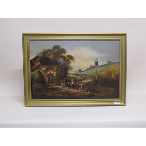 1216 - JOHN HORSEWELL - A PASSING HUNTSMAN, SIGNED OIL ON CANVAS, FRAMED, 59CM X 89CM