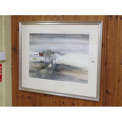 1217 - COLIN KENT - DUSK AT A COASTAL SETTING, SIGNED WATERCOLOUR, F/G, 44CM X 63CM