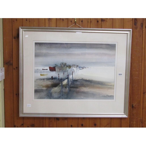 1217 - COLIN KENT - DUSK AT A COASTAL SETTING, SIGNED WATERCOLOUR, F/G, 44CM X 63CM