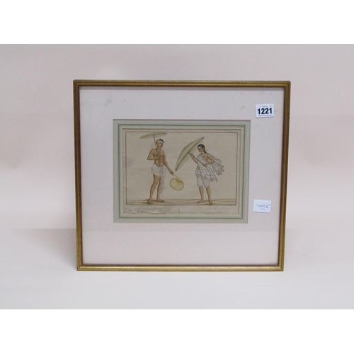 1221 - TWO 19C INDIAN FIGURES- MAN AND WOMAN WITH PARASOLS, F/G 17CM X 22CM