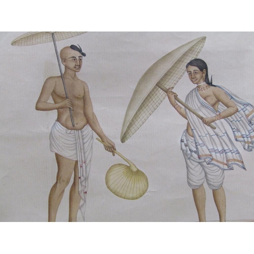 1221 - TWO 19C INDIAN FIGURES- MAN AND WOMAN WITH PARASOLS, F/G 17CM X 22CM