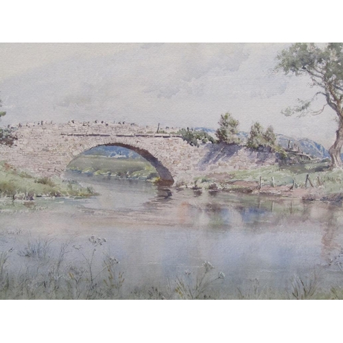 1224 - R EYRE WALKER 1960 - STONE BUILT BRIDGE OVER A RIVER, SIGNED WATERCOLOUR, F/G, 33CM X 50CM