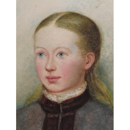 1227 - UNSIGNED 19C - PORTRAIT OF A YOUNG LADY, OVAL FRAMED WATERCOLOUR, 28CM X 22CM