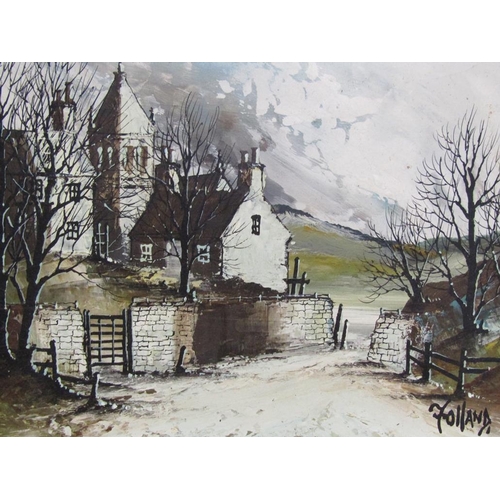 1229 - FOLLAND - PAIR, NORTHERN SCENES WITH STONE WALLS AND DISTANT HILLS, BOTH SIGNED OIL ON PANEL, FRAMED... 