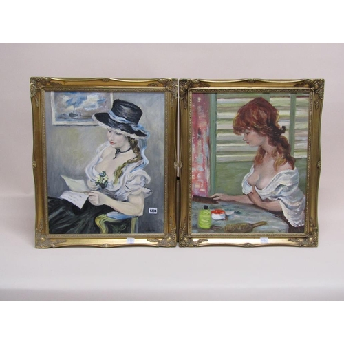 1234 - TWO PAINTINGS - TWO PORTRAITS OF LADIES, OIL ON BOARDS, EACH FRAMED APPROX 55CM X 44CM