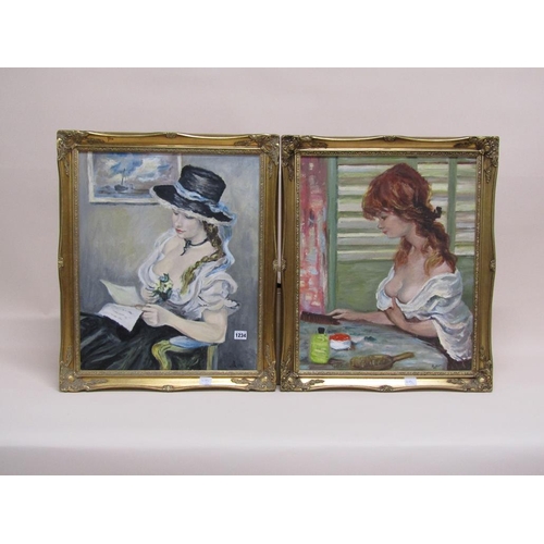 1234 - TWO PAINTINGS - TWO PORTRAITS OF LADIES, OIL ON BOARDS, EACH FRAMED APPROX 55CM X 44CM