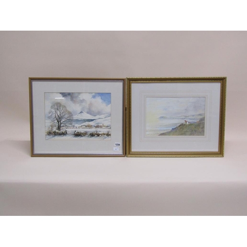 1235 - A BARLOW - WINTER LANDSCAPE WITH DISTANT HILLS & RAY TODD - TOWNSHIP ON A CLIFF TOP, BOTH WATERCOLOU... 