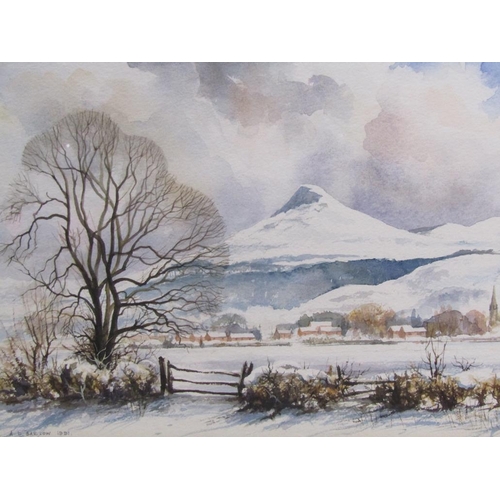 1235 - A BARLOW - WINTER LANDSCAPE WITH DISTANT HILLS & RAY TODD - TOWNSHIP ON A CLIFF TOP, BOTH WATERCOLOU... 