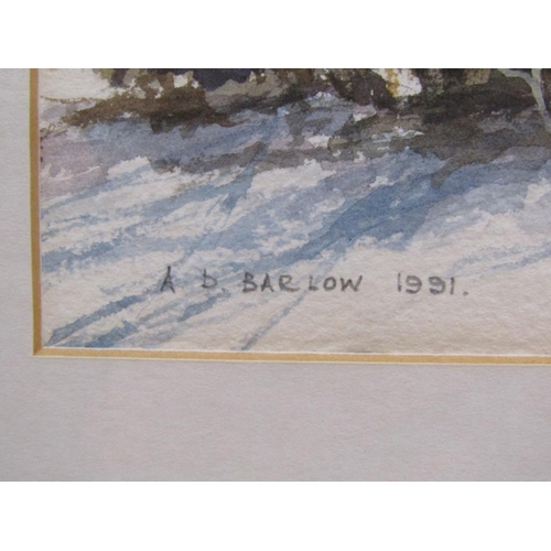 1235 - A BARLOW - WINTER LANDSCAPE WITH DISTANT HILLS & RAY TODD - TOWNSHIP ON A CLIFF TOP, BOTH WATERCOLOU... 