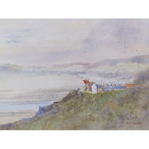 1235 - A BARLOW - WINTER LANDSCAPE WITH DISTANT HILLS & RAY TODD - TOWNSHIP ON A CLIFF TOP, BOTH WATERCOLOU... 