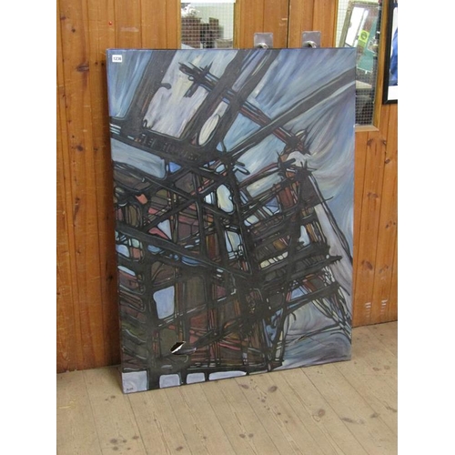 1236 - FLEUR O'MAHONEY - BRIDGE CONSTRUCTION, OIL ON CANVAS - CANVAS DAMAGED, UNFRAMED, 122CM X 92CM