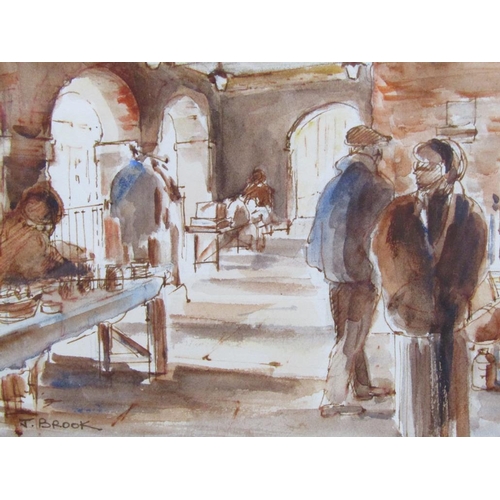 1242 - THREE F/G WATERCOLOURS; PRINT INCLUDING ONE BY J BROOK OF OLD MARKET HALL AMERSHAM