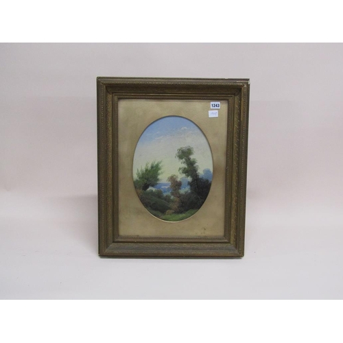 1243 - UNSIGNED OVAL FRAMED - VALLEY WITH DISTANT SHEEP GRAZING, 36CMX 27CM