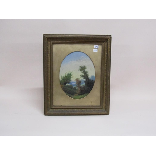 1243 - UNSIGNED OVAL FRAMED - VALLEY WITH DISTANT SHEEP GRAZING, 36CMX 27CM