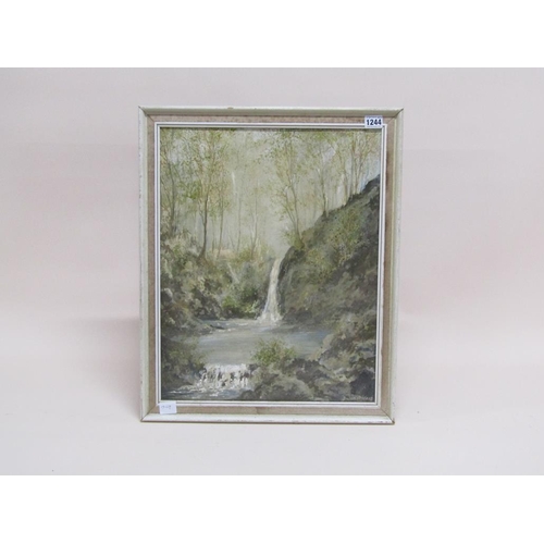 1244 - BRIAN ROBAIZ - THE WATERFALL, SIGNED OILON BOARD, FRAMED, 50CM X 40CM