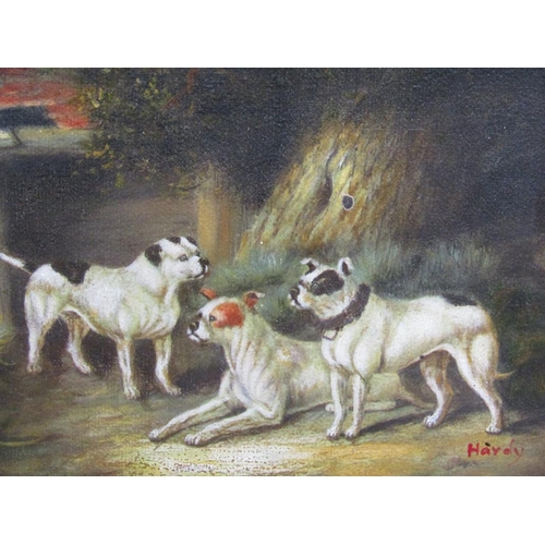 1245 - HAVELY - THREE DOGS, OIL ON CANVAS, 12CM X 17CM; COLTON - AUTUMN LANDSCAPE, 19CM X 24CM