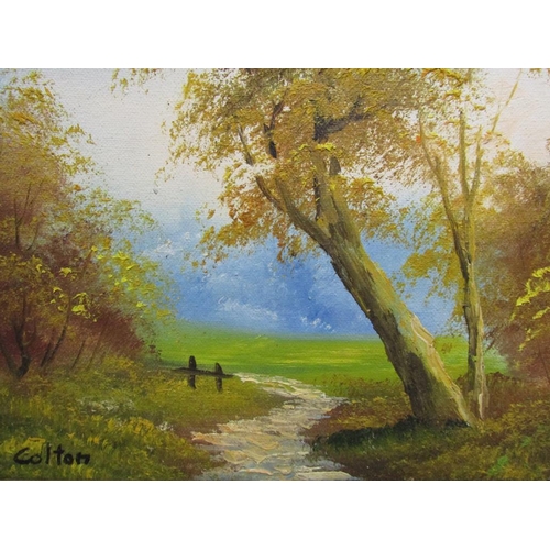 1245 - HAVELY - THREE DOGS, OIL ON CANVAS, 12CM X 17CM; COLTON - AUTUMN LANDSCAPE, 19CM X 24CM