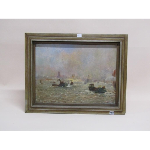 1250 - A HORN - BUSY RIVER THAMES SCENE, SIGNED OIL ON BOARD, FRAMED, 42CM X 54CM