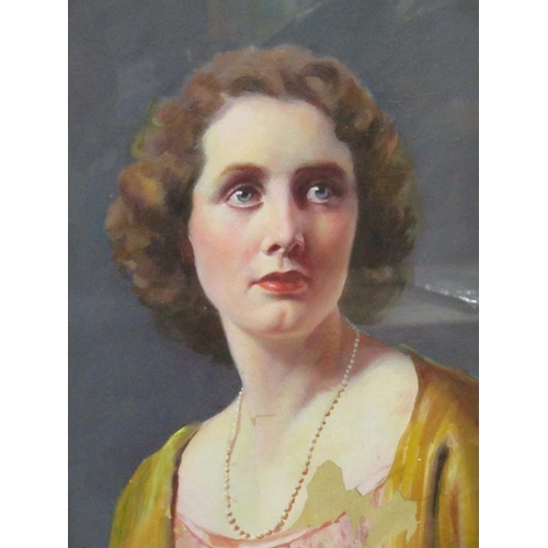 1255 - UNSIGNED - PORTRAIT OF A LADY, OIL ON PANEL, FRAMED, 85CM X 110CM - SOME DAMAGE