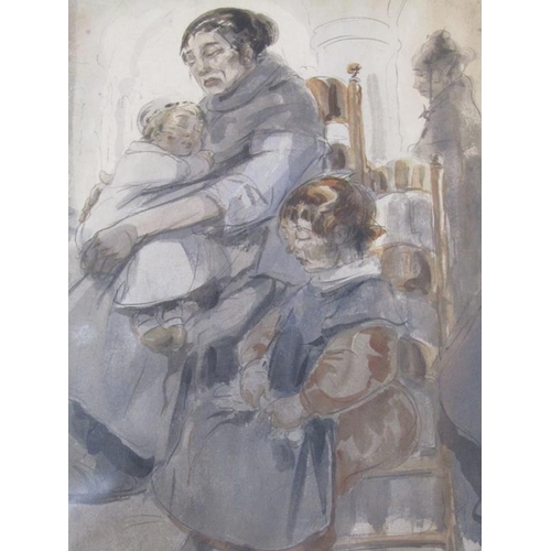 1256 - SIGNED INDISTINCTLY - FAMILY SCENE WITH MOTHER AND TWO CHILDREN, WATERCOLOUR, UNFRAMED, 39CM X 28CM