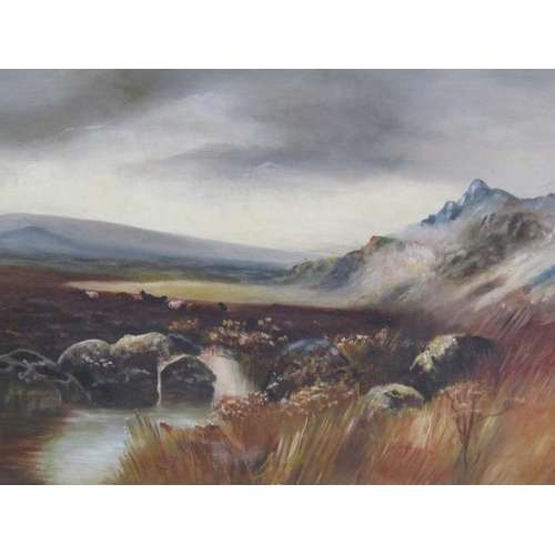 1258 - UNSIGNED LATE 19C/EARLY 20C - MOORLAND LANDSCAPE WITH DISTANT HILLS, OIL ON CANVAS, FRAMED, 39CM X 6... 