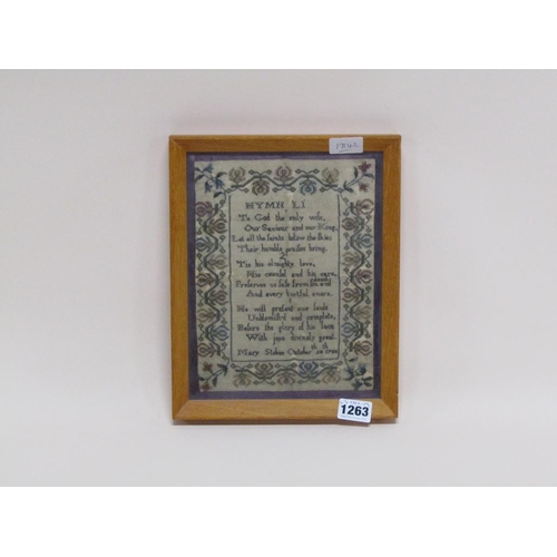 1263 - 18C NEEDLEWORK SAMPLER, A HYMN BY MARY STOKES, OCTOBER 28TH 1788, F/G, 22CM X 17CM