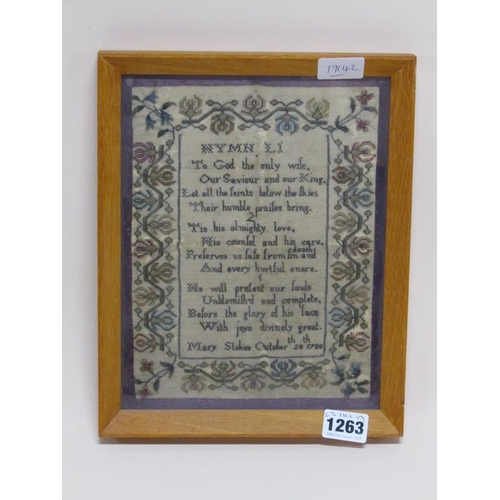 1263 - 18C NEEDLEWORK SAMPLER, A HYMN BY MARY STOKES, OCTOBER 28TH 1788, F/G, 22CM X 17CM