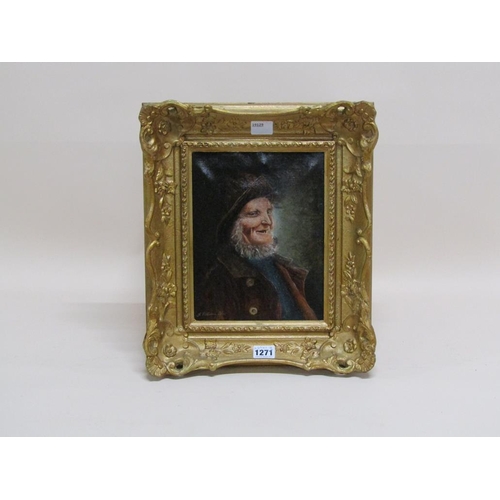 1271 - F VILLANUSON - HAPPY GENTLEMAN, SIGNED OIL ON PANEL, FRAMED, 24CM X 19CM