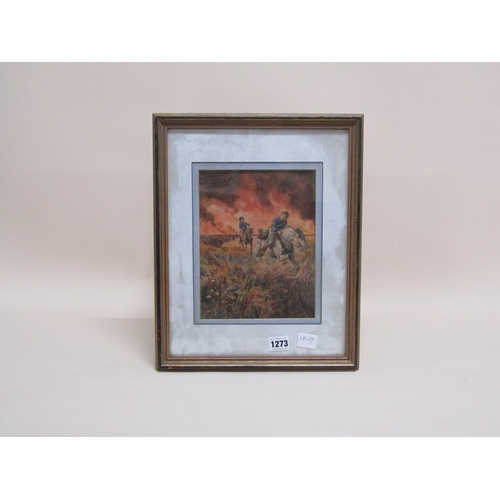 1273 - SIGNED IN MONO G.H - TWO RIDERS ON HORSEBACK AND BUFFALOS FLEEING THE FIRE, SIGNED WATERCOLOUR, F/G,... 