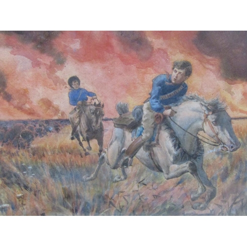 1273 - SIGNED IN MONO G.H - TWO RIDERS ON HORSEBACK AND BUFFALOS FLEEING THE FIRE, SIGNED WATERCOLOUR, F/G,... 