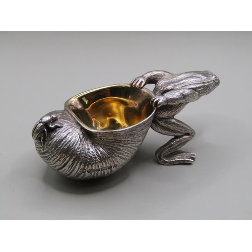 1517 - FRANCIS HOWARD LIMITED SILVER FROG PULLING SHELL TABLE SALT WITH GILT LINING, SHEFFIELD 2012 14.3ozt