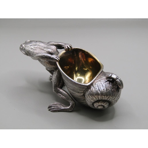 1517 - FRANCIS HOWARD LIMITED SILVER FROG PULLING SHELL TABLE SALT WITH GILT LINING, SHEFFIELD 2012 14.3ozt