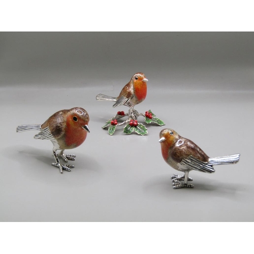 1520 - THREE SILVER AND ENAMEL ROBINS